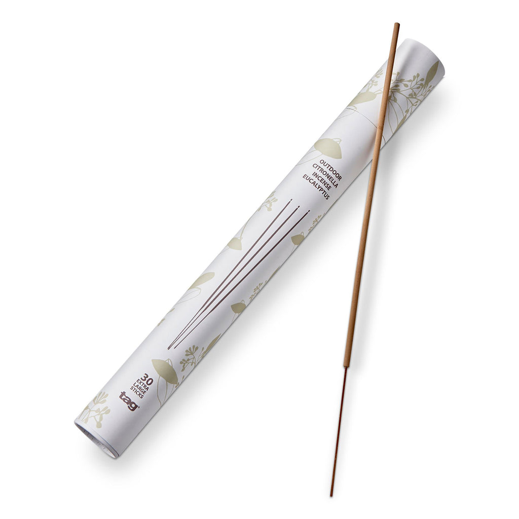 Tag Ltd Eucalyptus and Citronella scented extra long outdoor incense stick with illustrated white tube packaging.