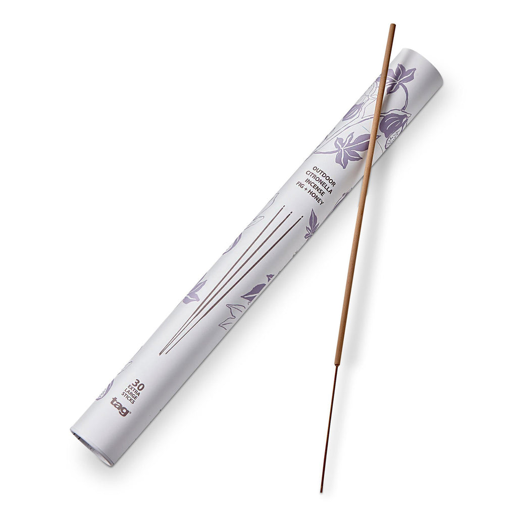 Tag Ltd Fig, Honey and Citronella scented extra long outdoor incense stick with illustrated white tube packaging.
