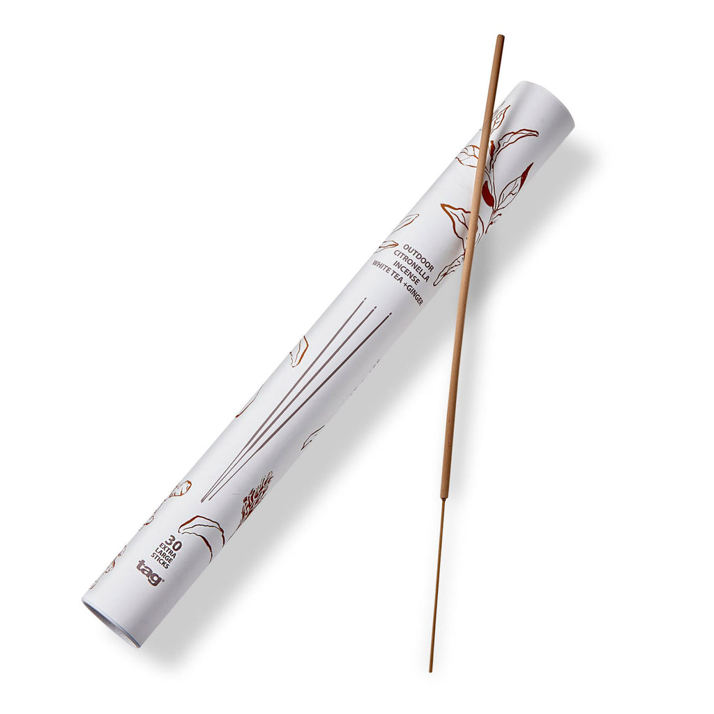 Tag Ltd White Tea, Ginger and Citronella scented extra long outdoor incense stick with illustrated white tube packaging.