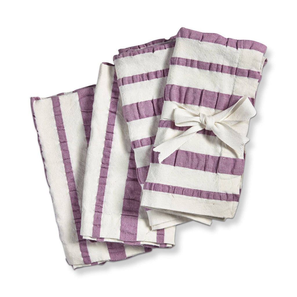 Tag Limited Lavender Seersucker Stripe cloth napkins, set of 4 folded with cotton ribbon bow.