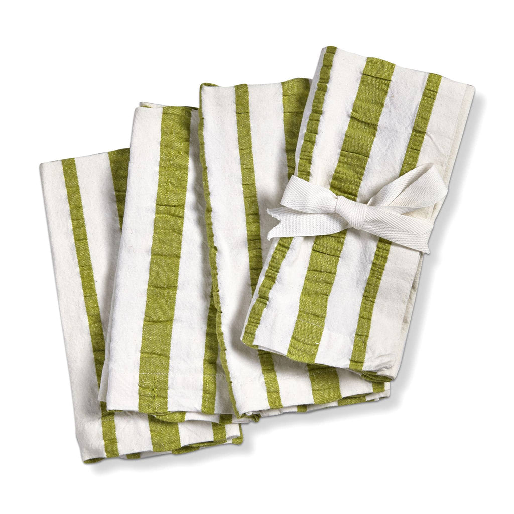 Tag Limited Green Seersucker Stripe cloth napkins, set of 4 folded with cotton ribbon bow.