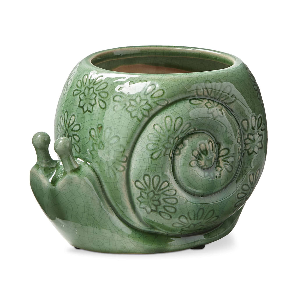Tag Ltd Terracotta Snail Planter with green crackle glaze, front angle view.