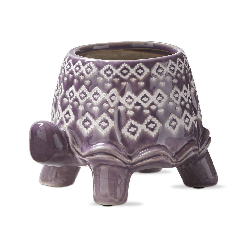 Tag Ltd Terracotta Turtle Planter with purple crackle glaze and wax resist design, front angle view.