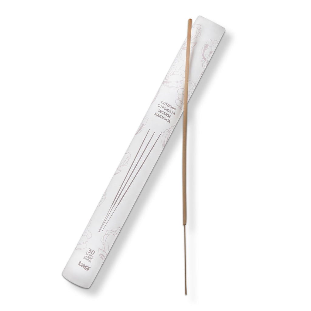 Tag Ltd Magnolia and Citronella scented extra long outdoor incense stick with floral white tube packaging.