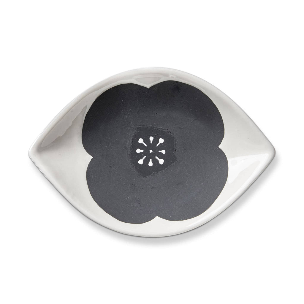 Tag Ltd Kyoto Flower Trinket Dish with black flower on white eye-shaped dish.