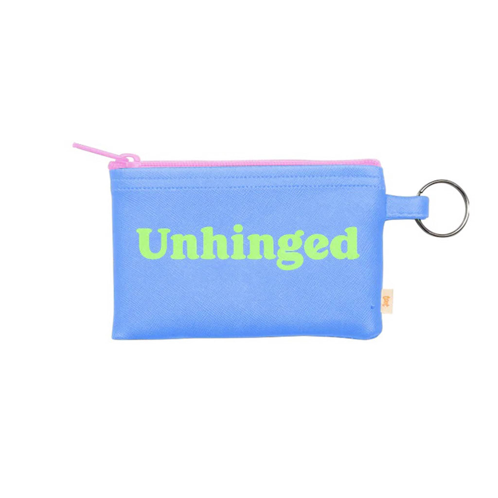 Blue pouch with 'Unhinged' in green text and pink zipper on a white background.