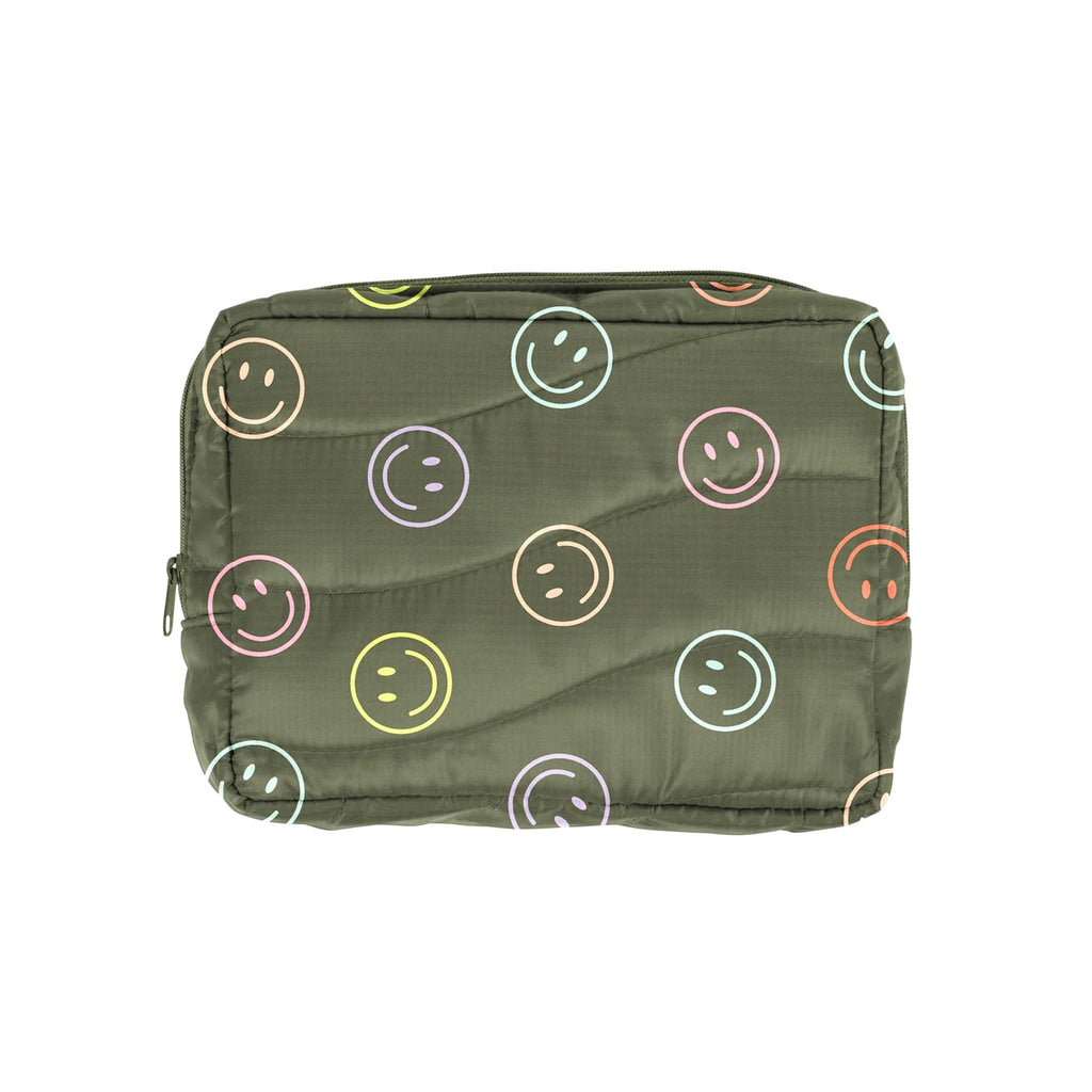 Talking Out of Turn olive green puffy quilted cosmetic bag with colorful smiley faces all over and top zip closure, front view.