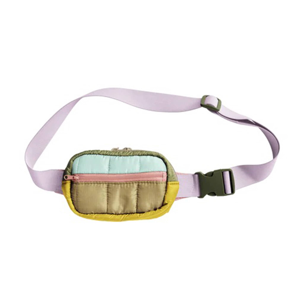 Talking Out of Turn Puffy Small Hip Bag in Olive Lilac Color Block, front view.