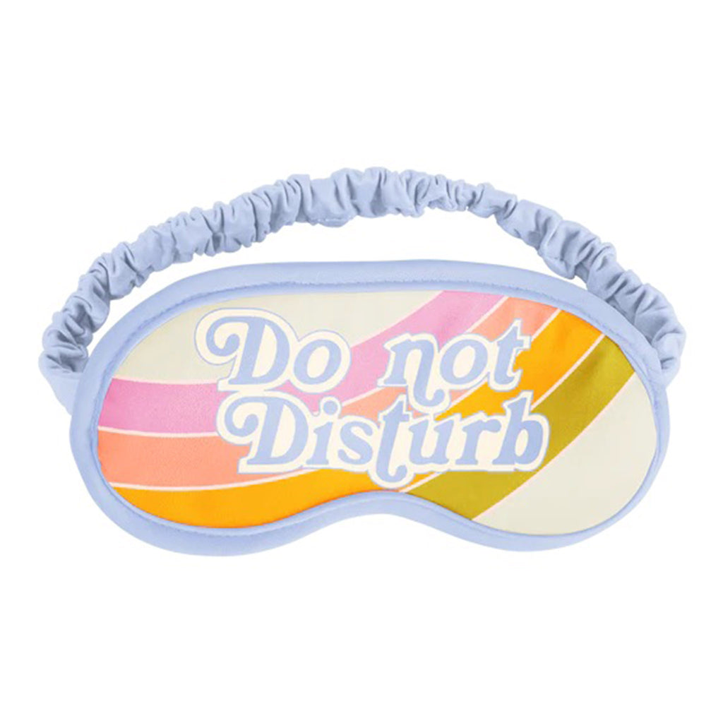 Talking Out of Turn colorful striped sleep mask with "do not disturb" in periwinkle, with periwinkle trim and fabric covered elastic strap, front view.