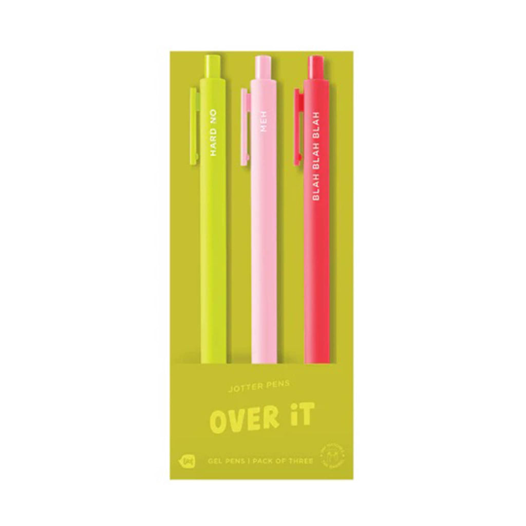 Talking Out of Turn "over it" jotter gel pen set of 3 in packaging, front view.