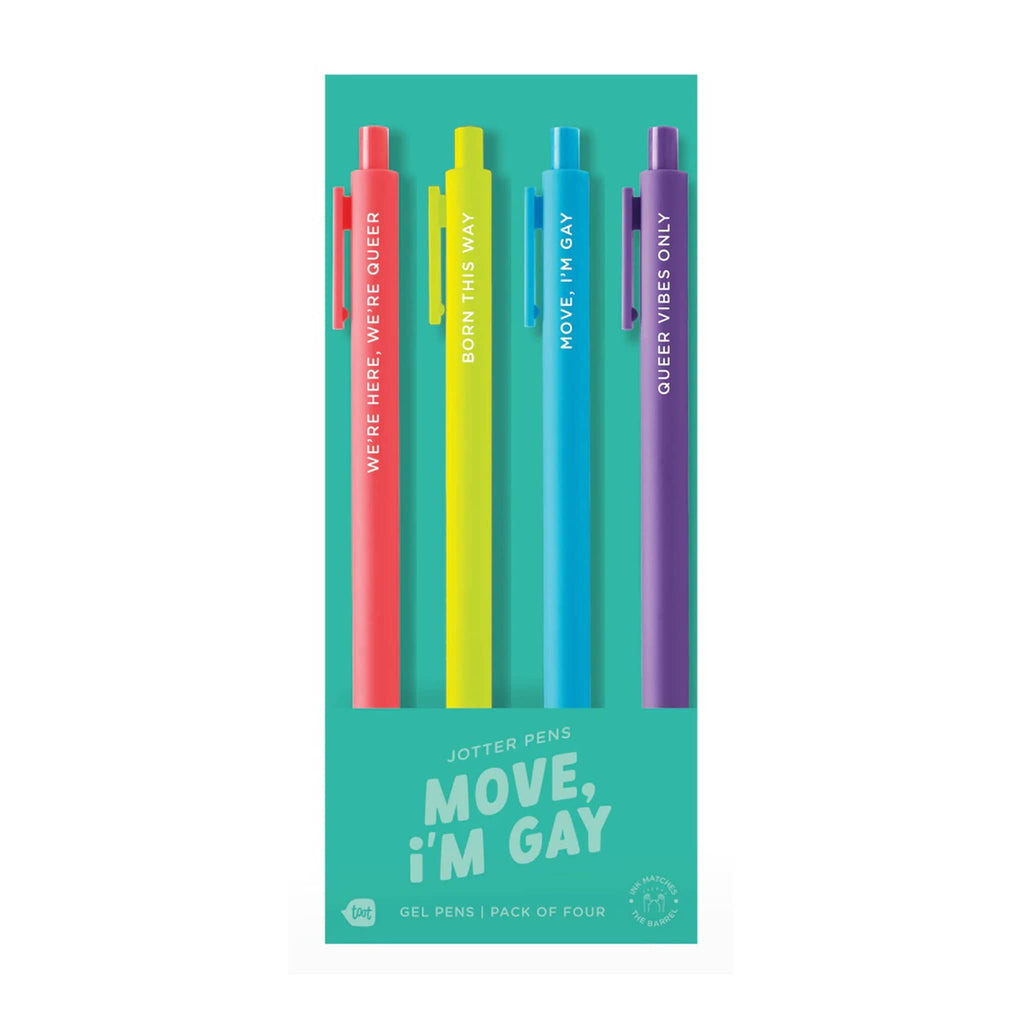 Talking Out of Turn "move, i'm gay" jotter gel pen set of 4 in packaging, front view.