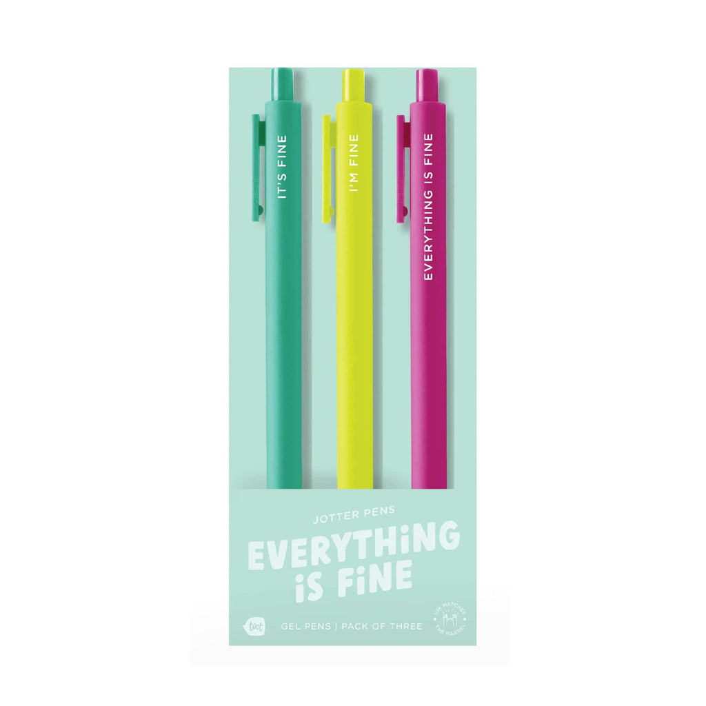 Talking Out of Turn "everything is fine" jotter gel pen set of 3 in packaging, front view.