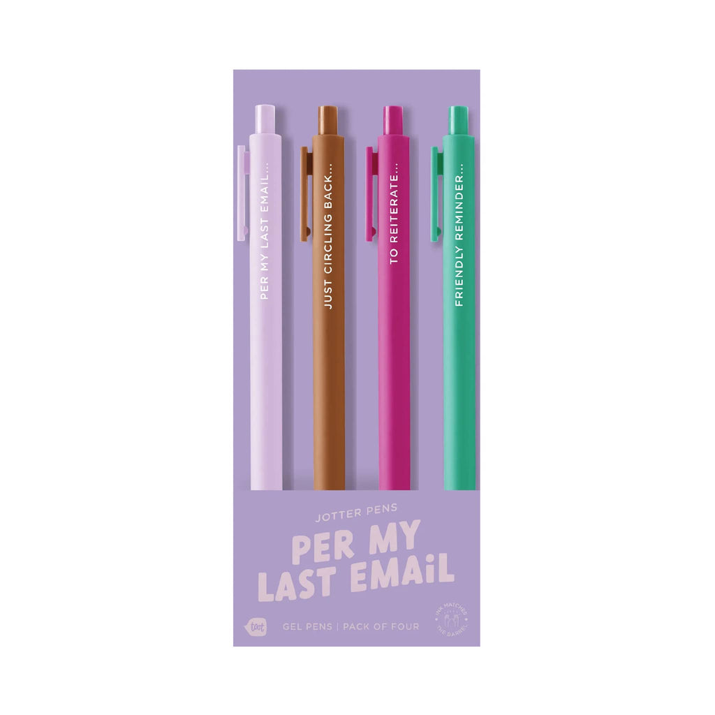 Talking Out of Turn "per my last email" jotter gel pen set of 4 in packaging, front view.