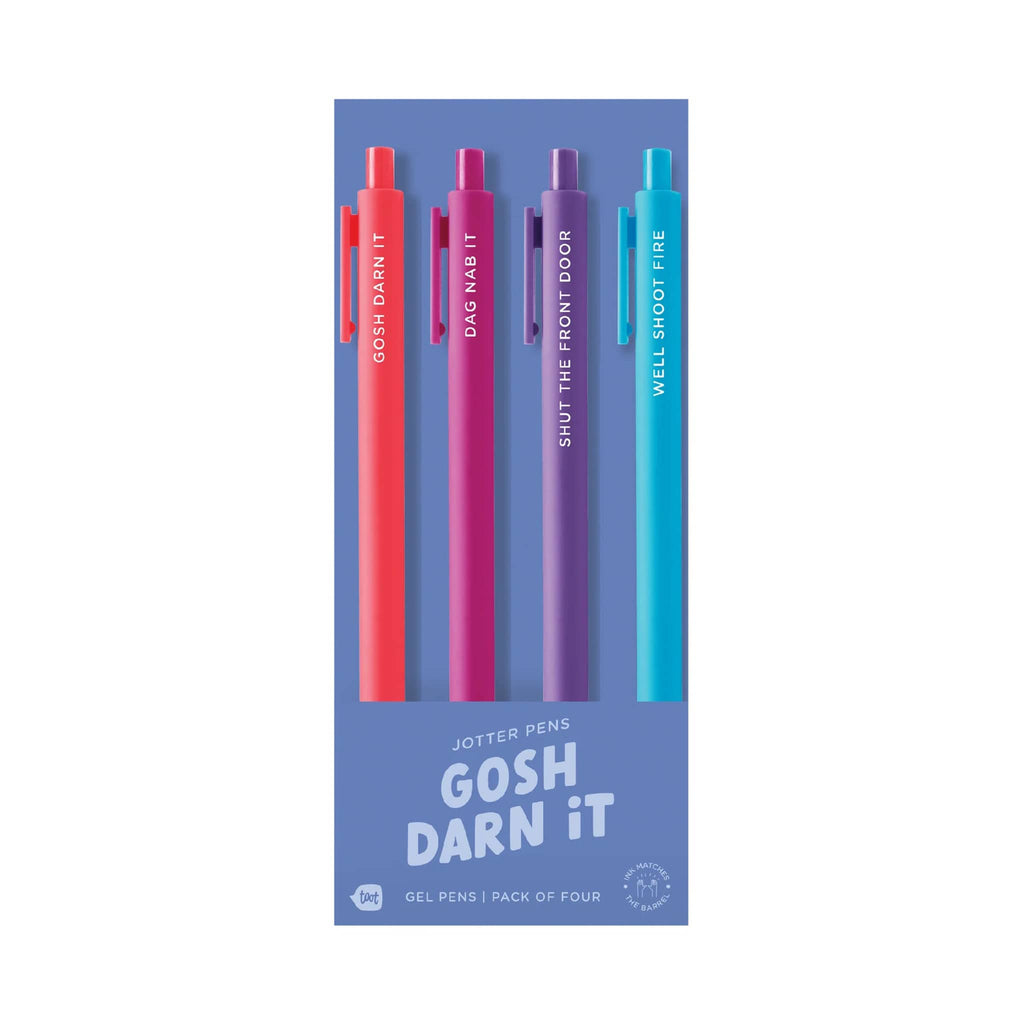 Talking Out of Turn "gosh darn it" jotter gel pen set of 4 in packaging, front view.