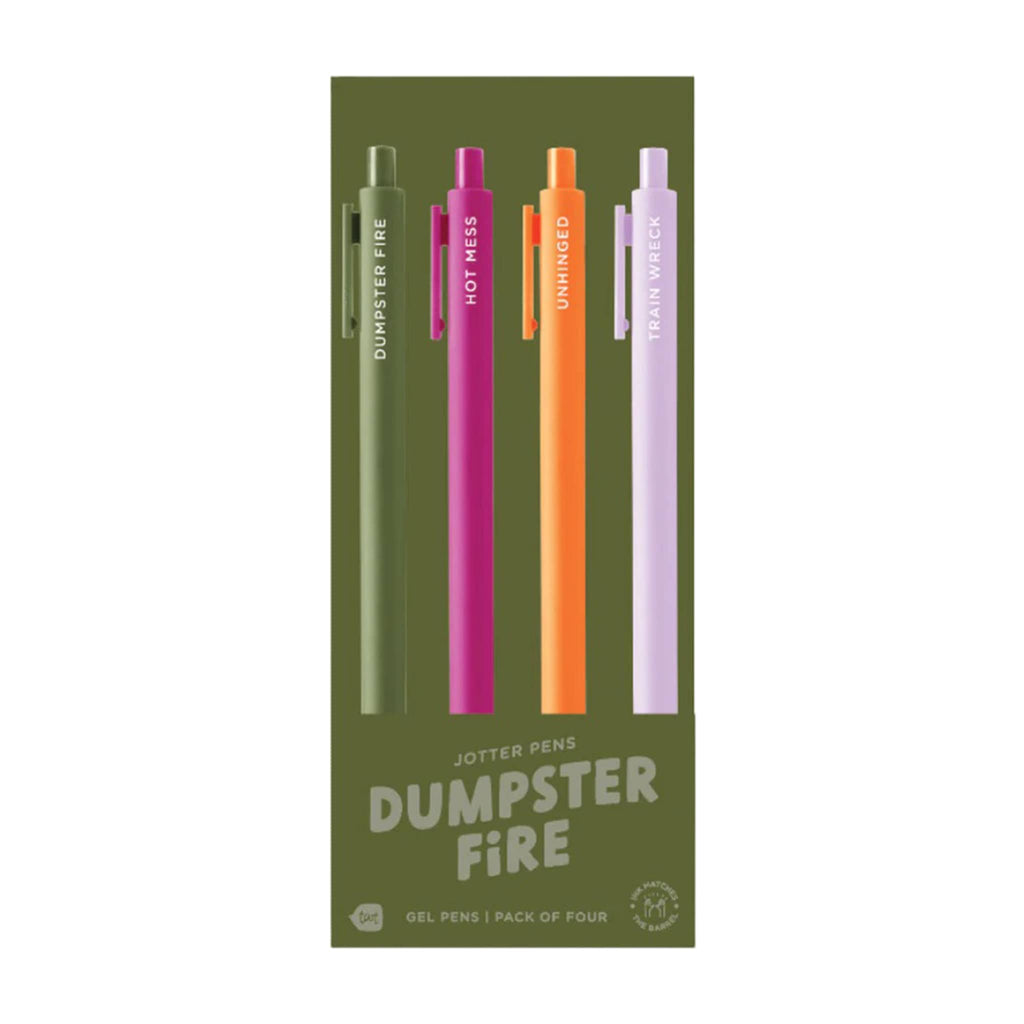 Talking Out of Turn Dumpster Fire colorful jotter gel pens, set of four in packaging.