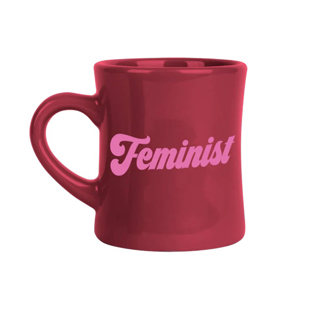 Talking Out of Turn Feminist diner mug in red sangria, handle on the left.