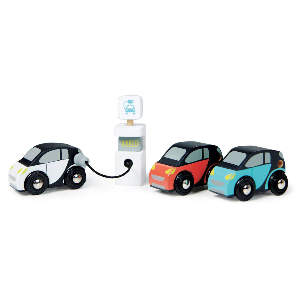 Tender Leaf Smart Car play set with 3 wooden cars and a charging station.