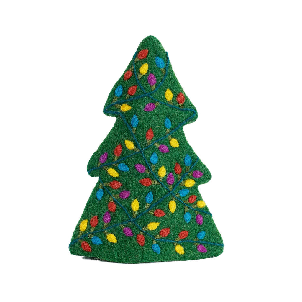 Green Christmas tree-shaped felt bottle topper on a white background.