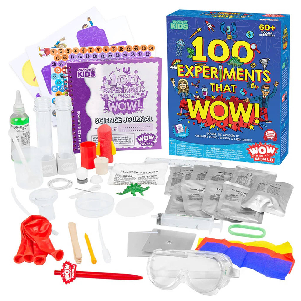 Science experiment kit for kids with '100 Experiments That Wow!' box and supplies on a white background.