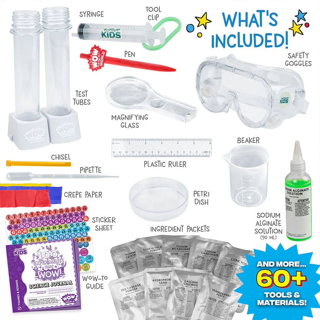 Science experiment kit for kids with various tools and materials on a white background.