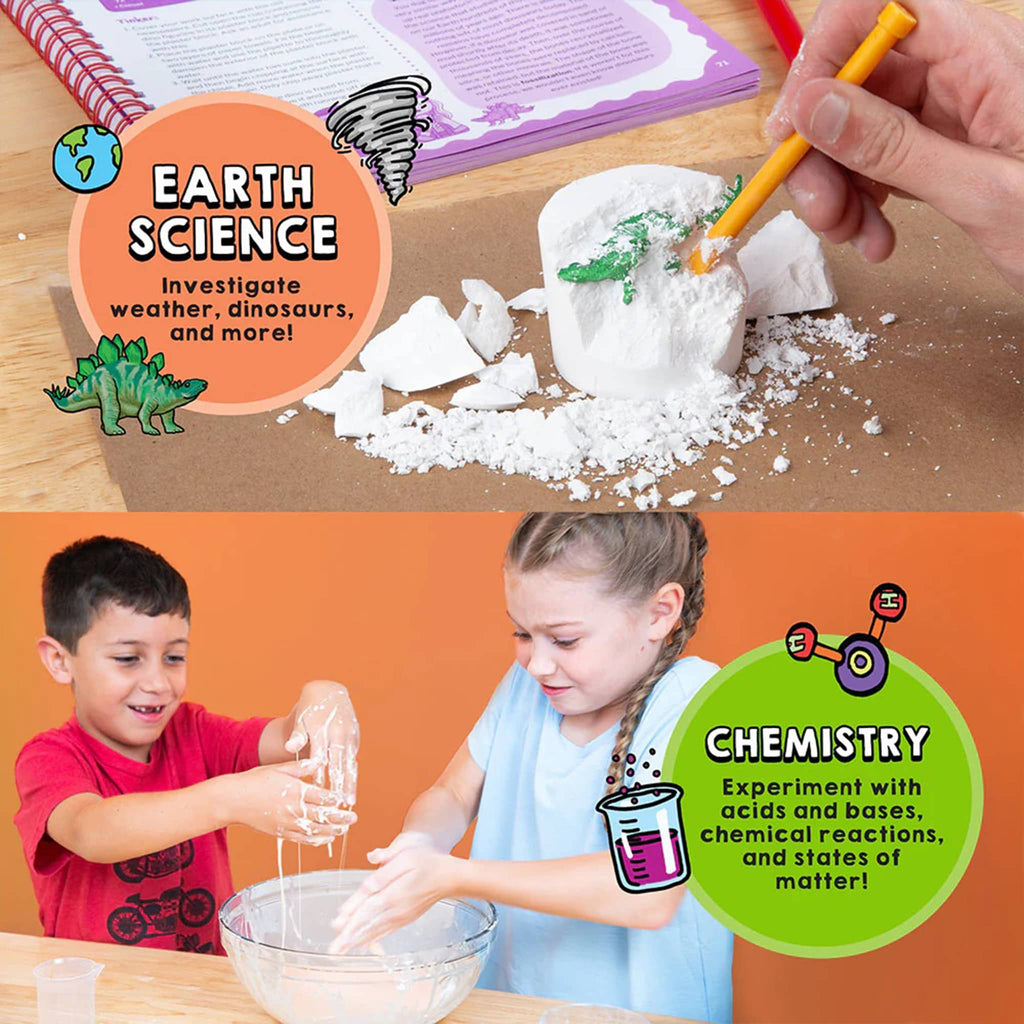 Children conducting science experiments with text labels for Earth Science and Chemistry.
