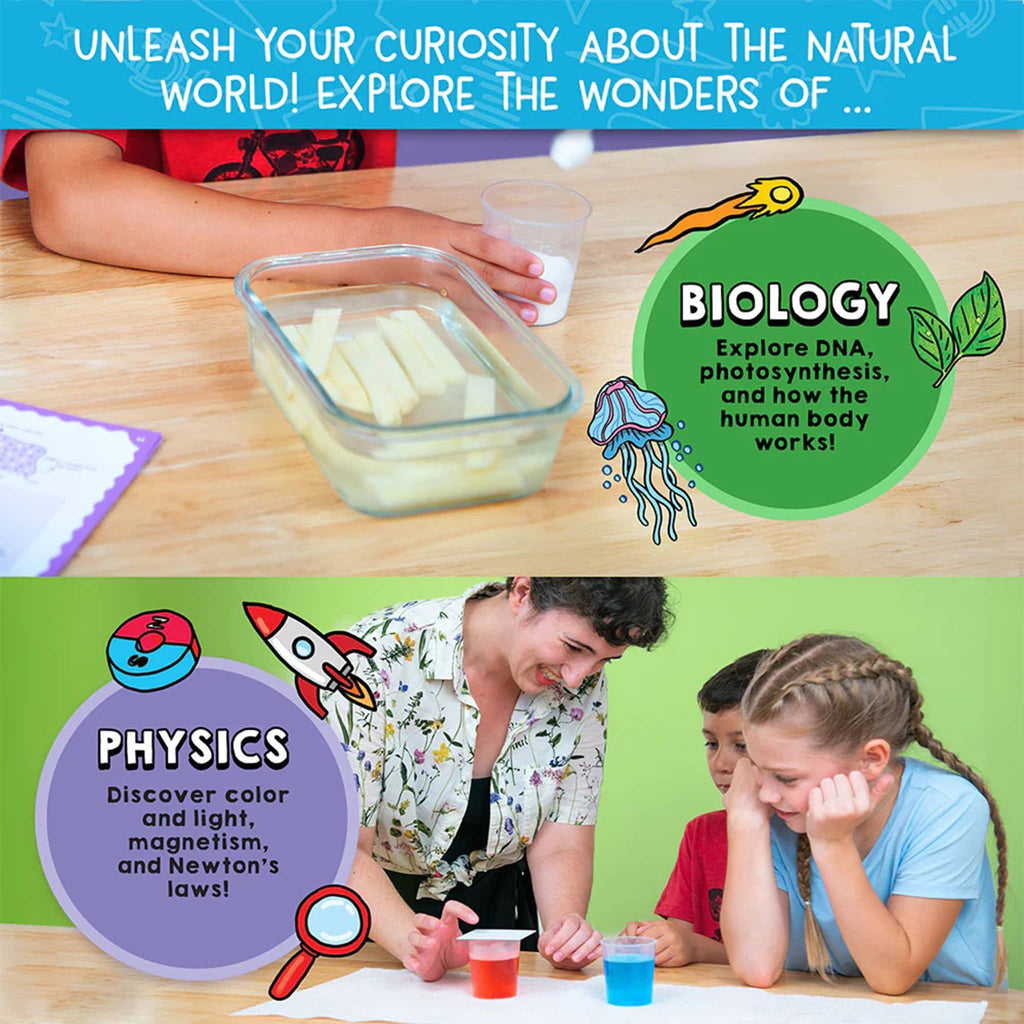 Educational materials about biology and physics with children and parents at a table.