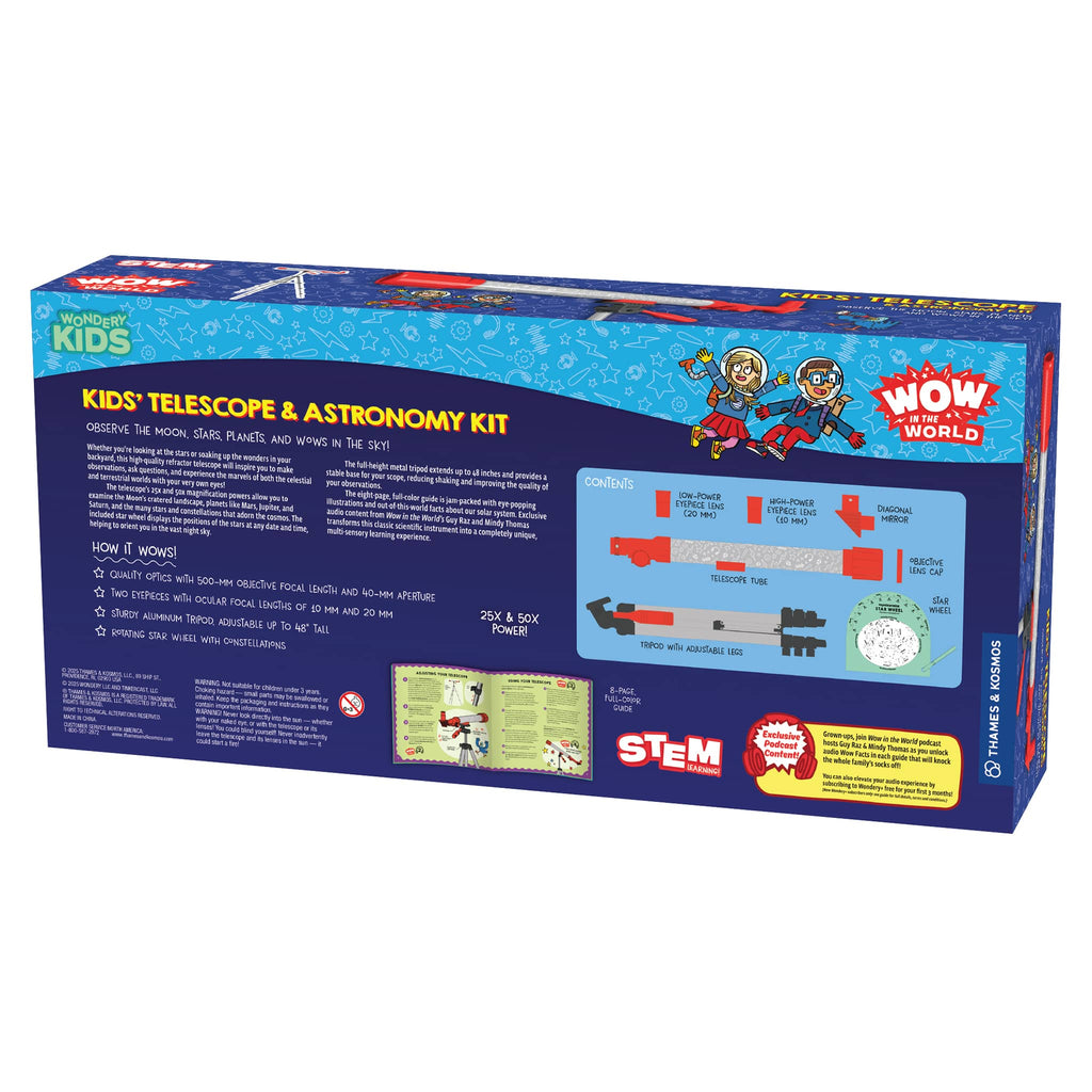 Box of Kids' Telescope & Astronomy Kit, back view with description and contents, on a white background.