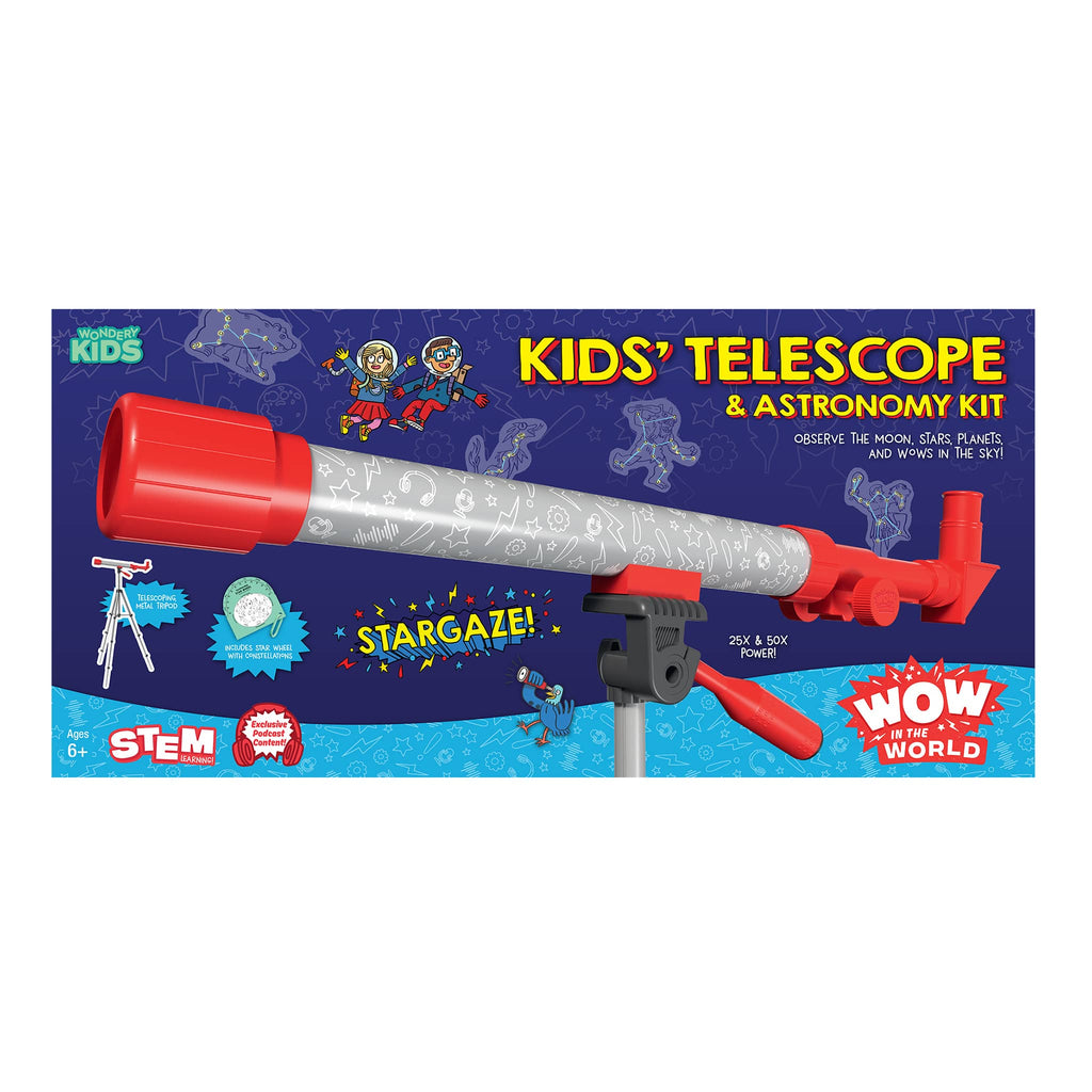 Kids' Telescope & Astronomy Kit packaging with red telescope on a blue background.