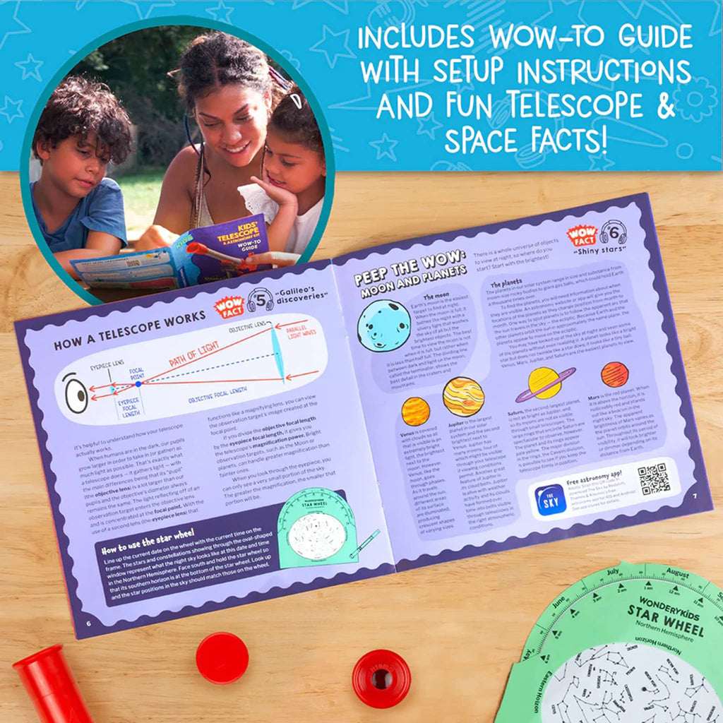 Educational materials for children with a telescope and space facts on a wooden surface.