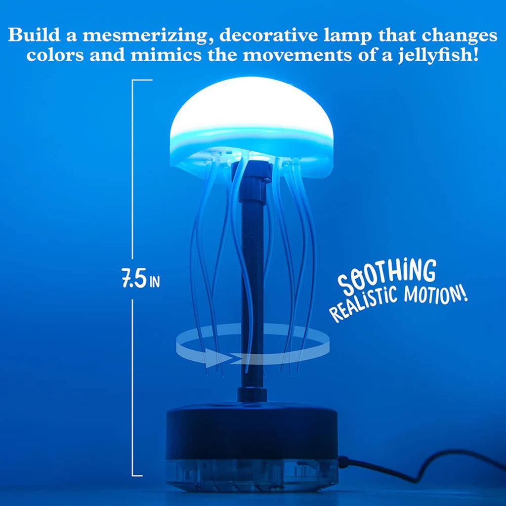 Decorative lamp designed to mimic a jellyfish with text on a blue background.