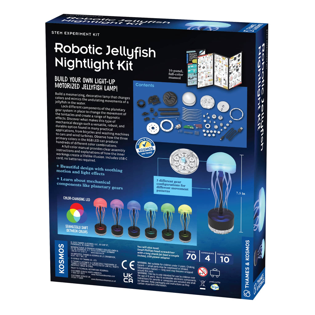 Back of Robotic Jellyfish Nightlight Kit packaging with information and contents.