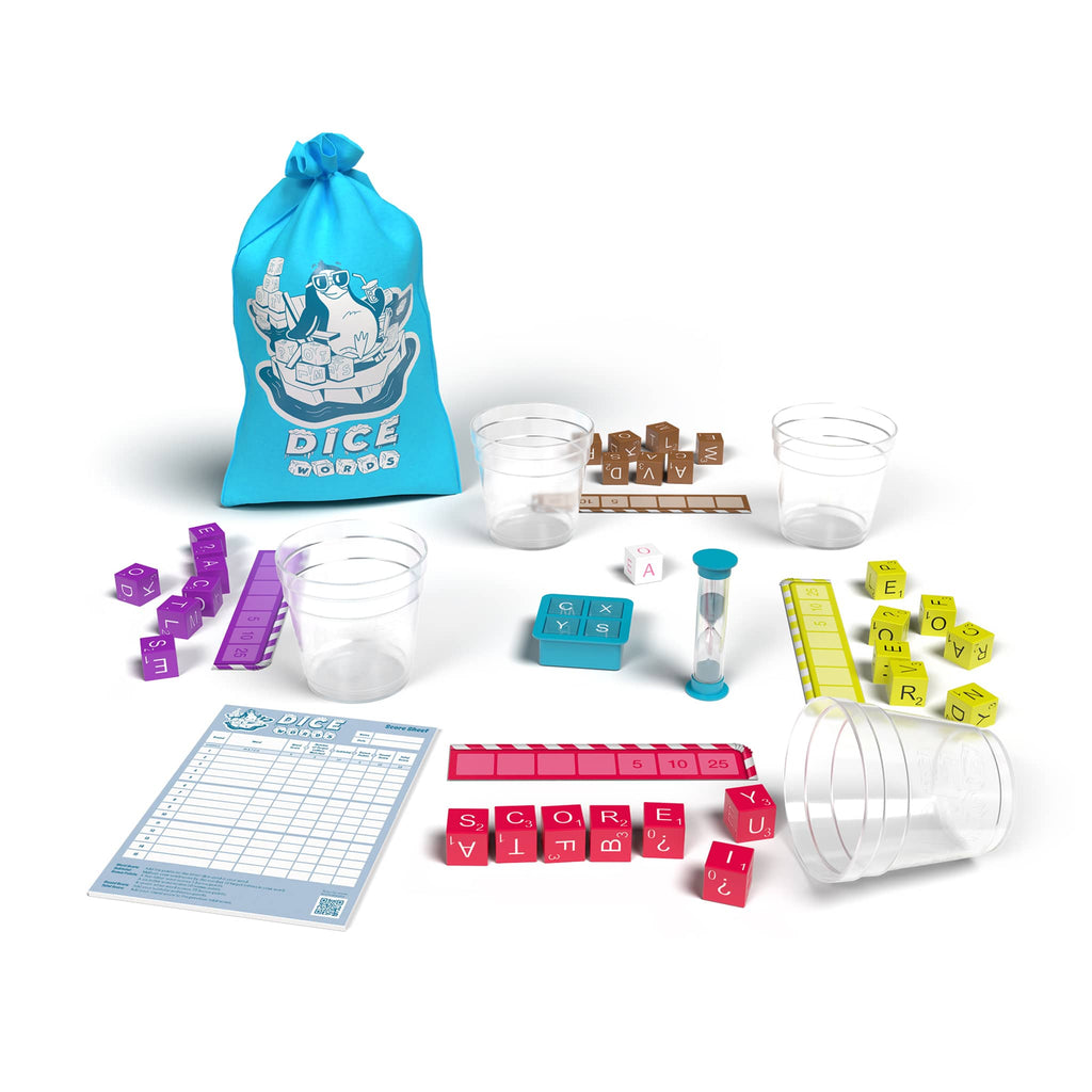 Assorted game components including dice, cups, and score sheets on a white background.