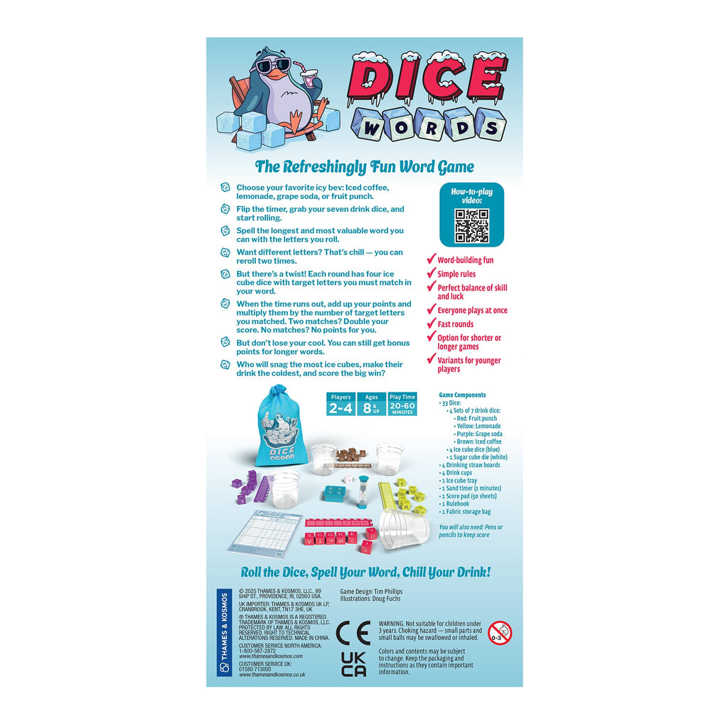 Dice Words game packaging with text and graphics on a blue background.
