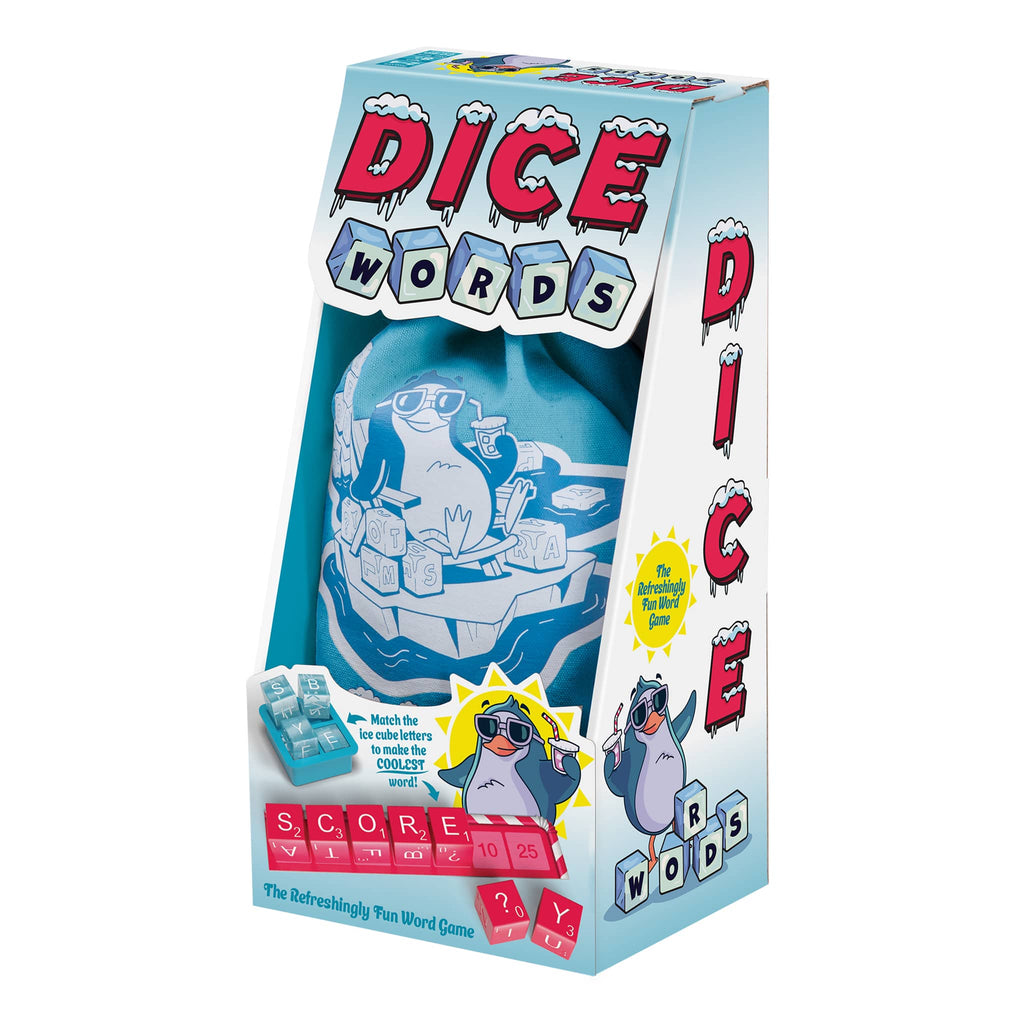 Box of Dice Words game with cartoon penguins and colorful text on a white background.