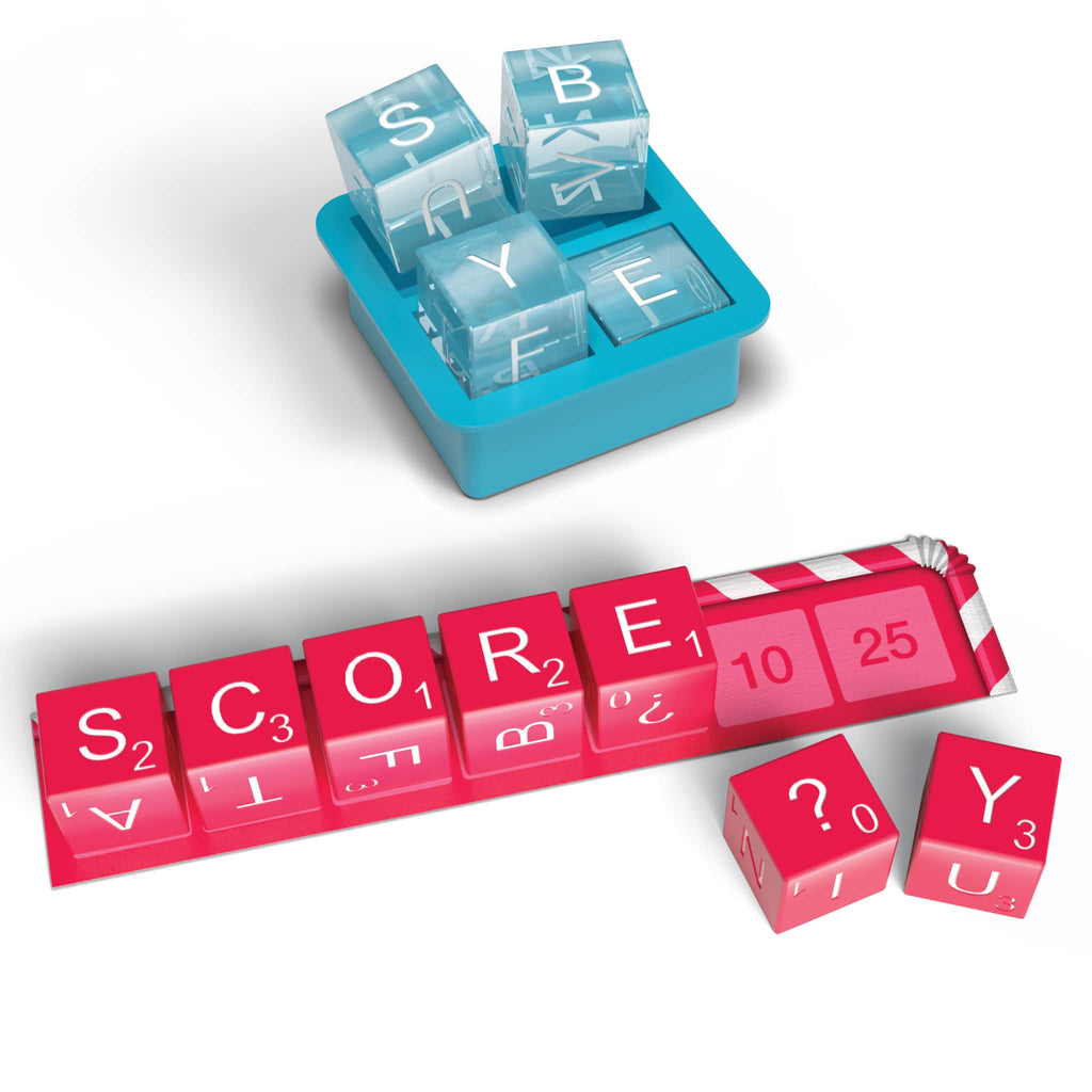 Game components including letter dice and a score tracker on a white background.