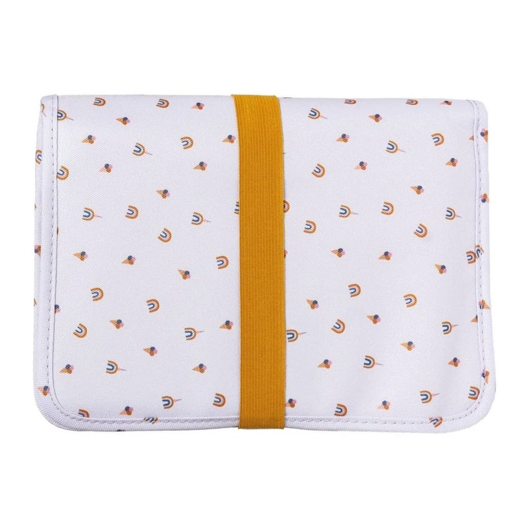 The Cotton Cloud Diaper Clutch Bag and Changing Pad with rainbow and ice cream print on white backdrop, front view, closed.