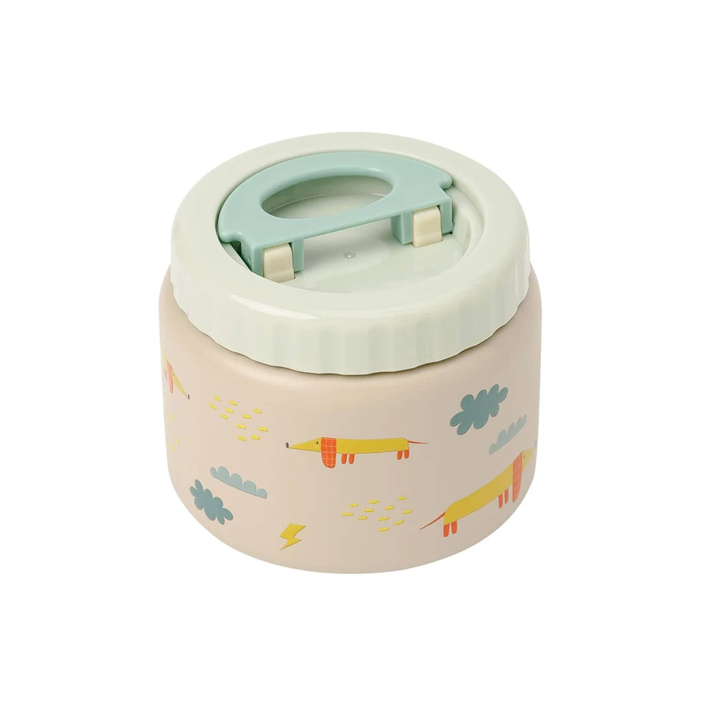 The Cotton Cloud Kids 1 cup stainless steel thermo insulated food jar with flying dog pattern on cream backdrop and mint green lid.