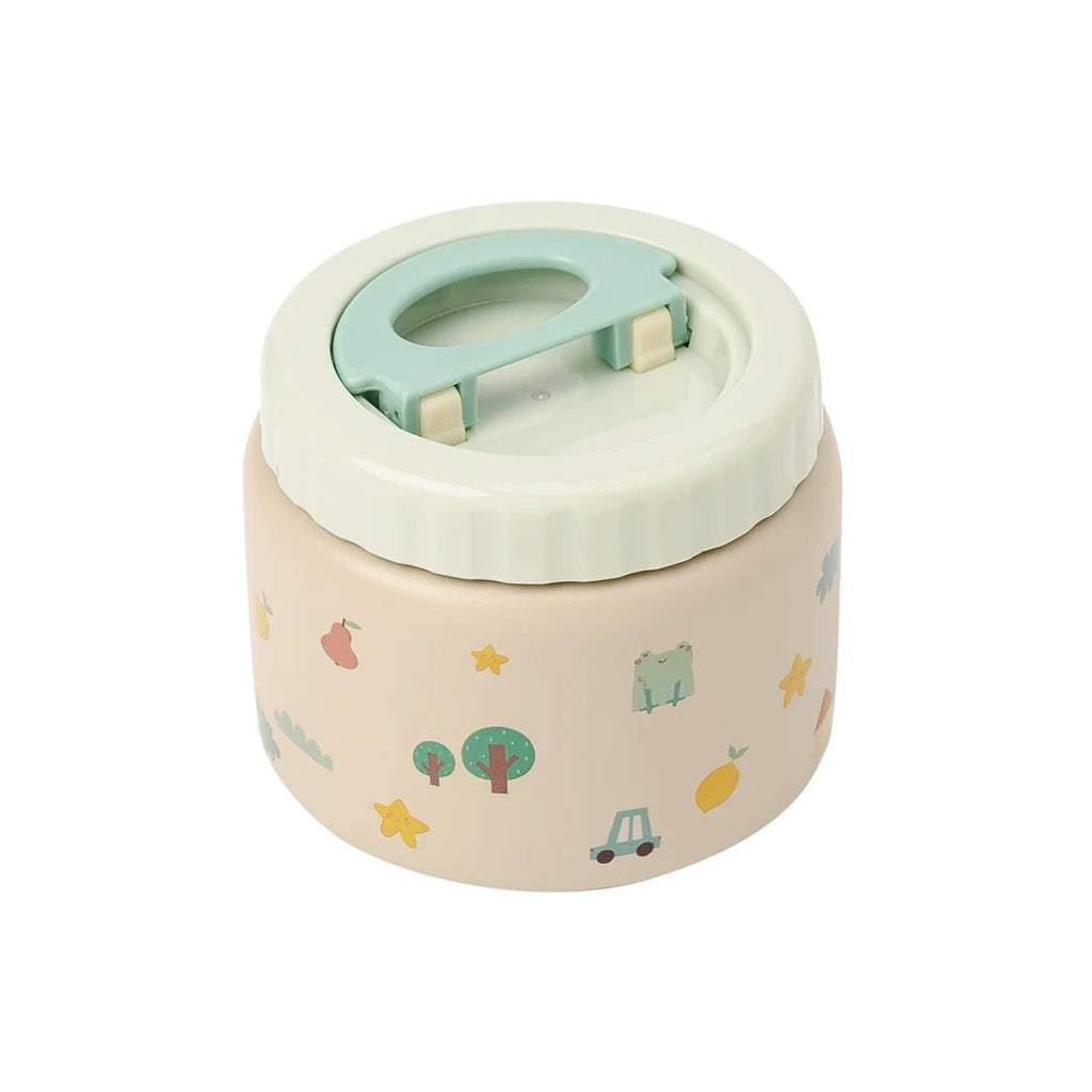 The Cotton Cloud Kids 1 cup stainless steel thermo insulated food jar with tiny bits pattern on cream backdrop and mint green lid.