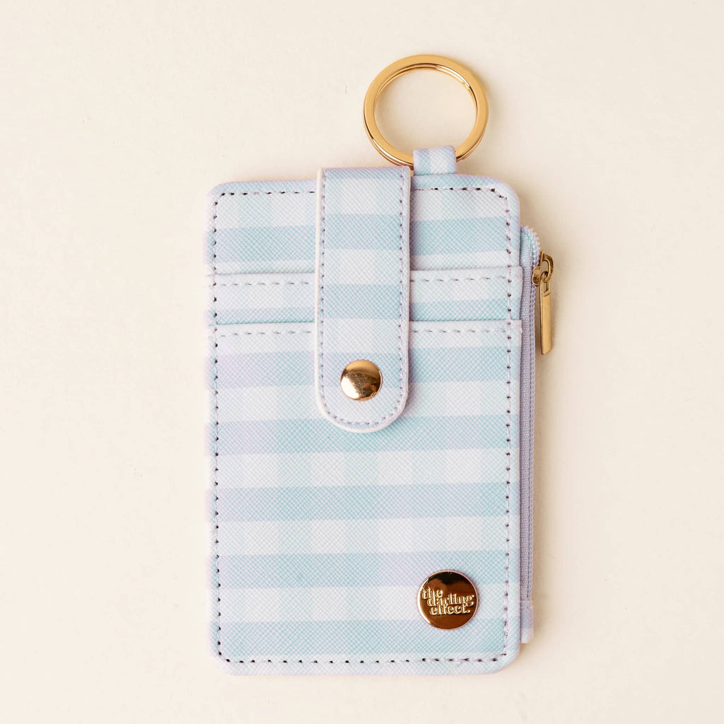 The Darling Effect keychain wallet in gingham blue, front view.