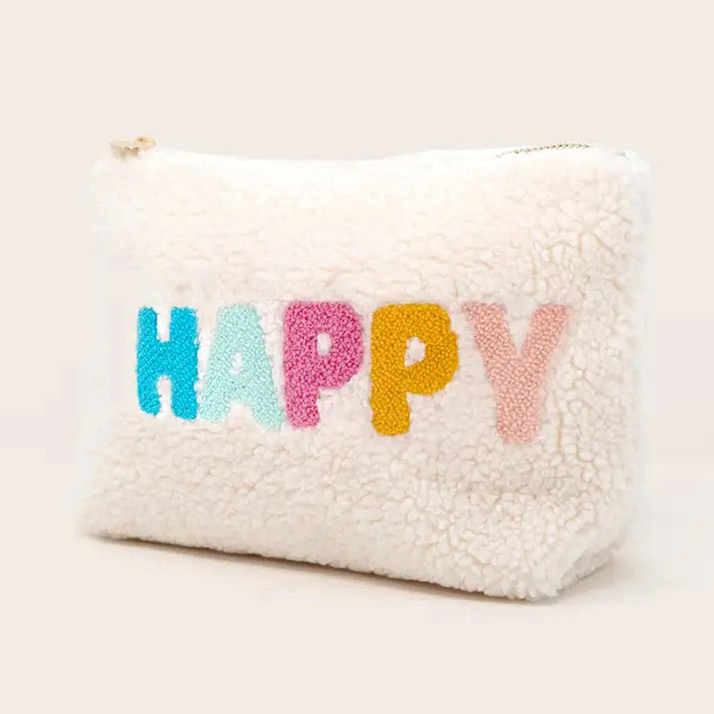 The Darling Effect Cream Teddy Zip Pouch with Happy in shades of blue, pink and yellow lettering, front view.
