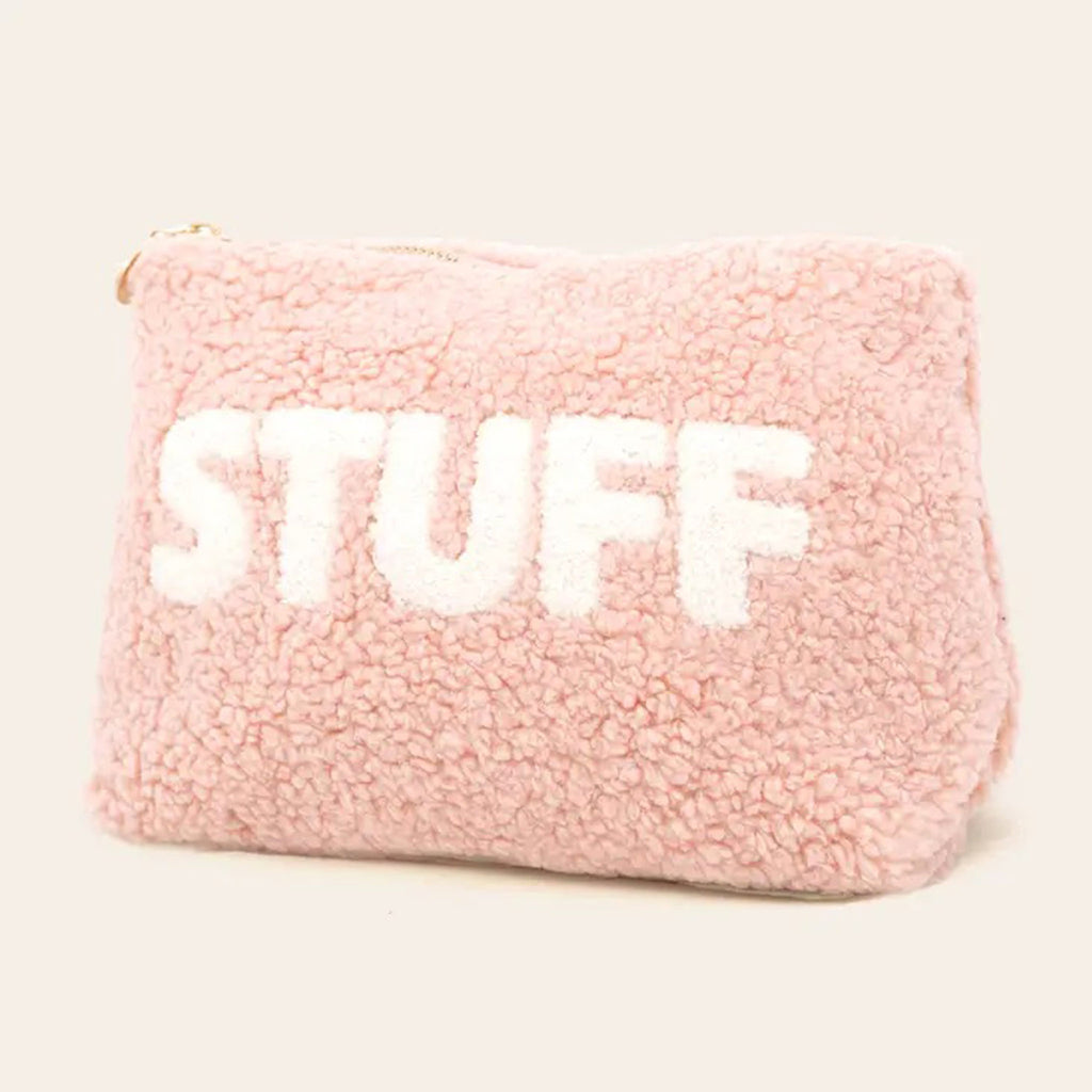 The Darling Effect Blush Pink Teddy Zip Pouch with Stuff in white lettering, front view.