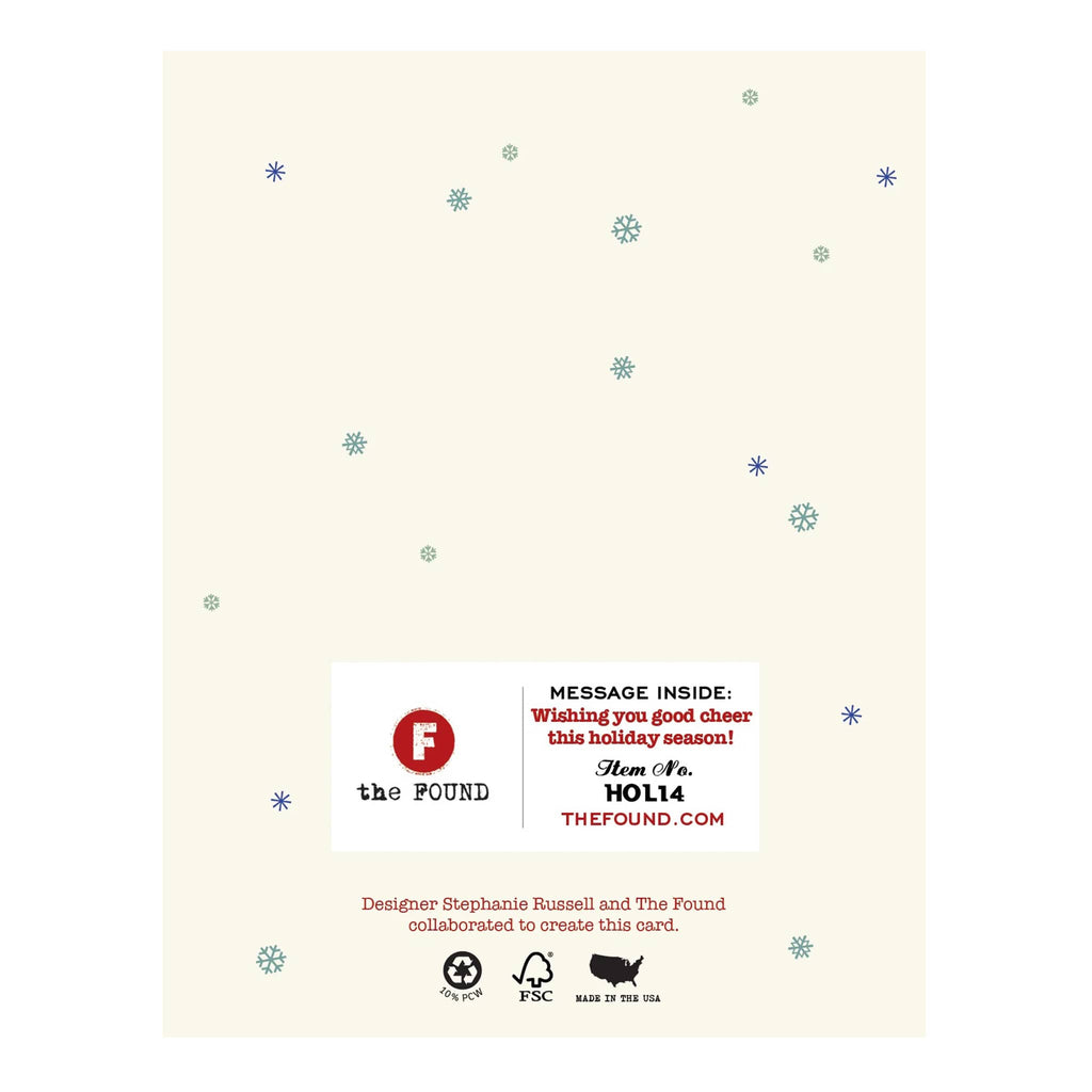 Back of a greeting card with decorative snowflakes and branding information.