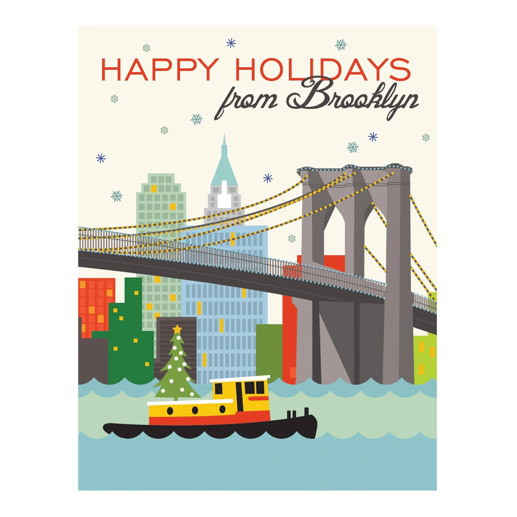 Holiday card with Brooklyn Bridge and Christmas tree, text 'Happy Holidays from Brooklyn'.