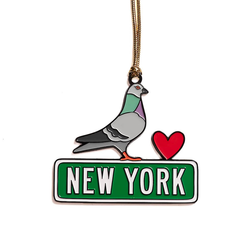 Pigeon enamel ornament with 'New York' street sign and a heart on a white background.