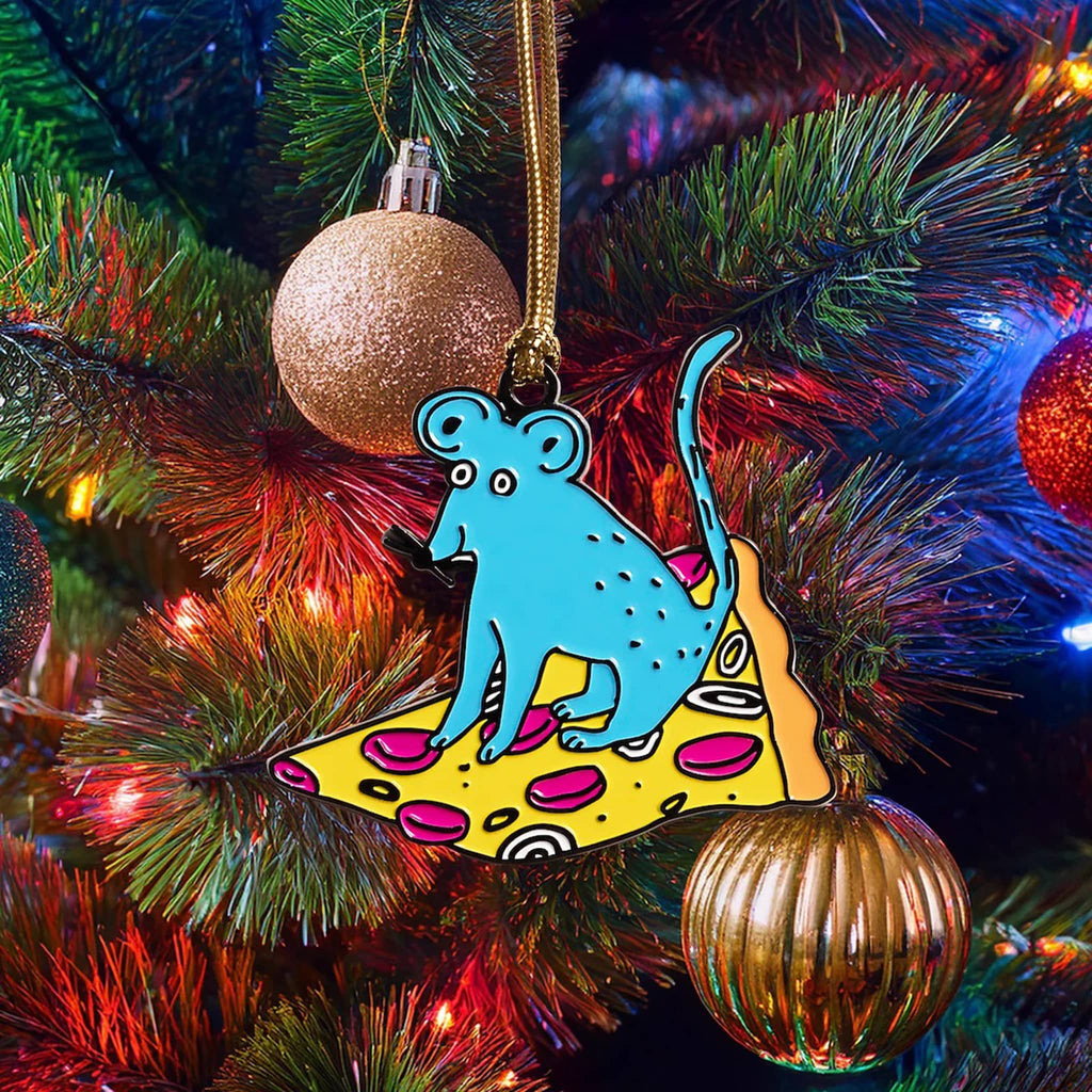 Blue rat sitting atop a slice of pizza enamel ornament hanging on a Christmas tree.
