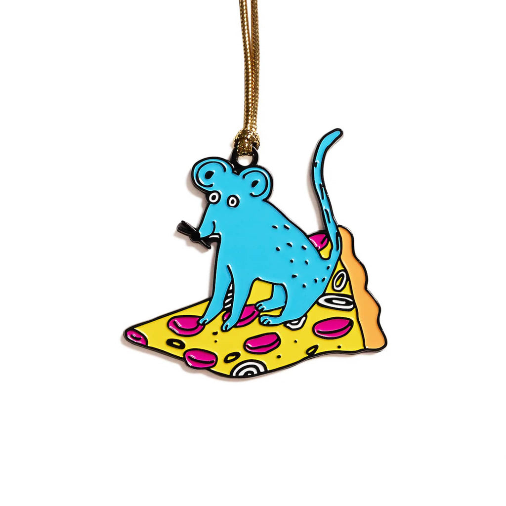 Blue rat sitting atop a slice of pizza enamel ornament on a white background.