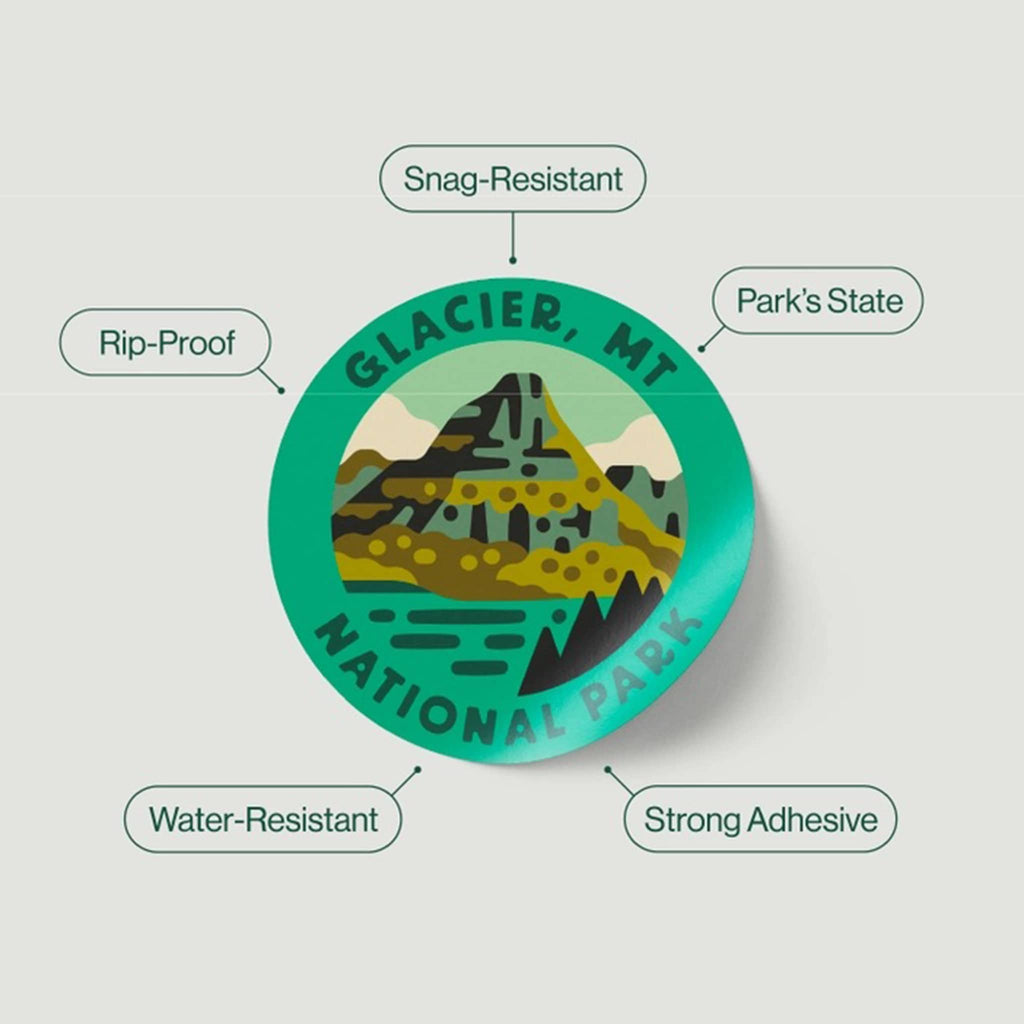 Glacier National Park sticker with features listed on a light gray background.