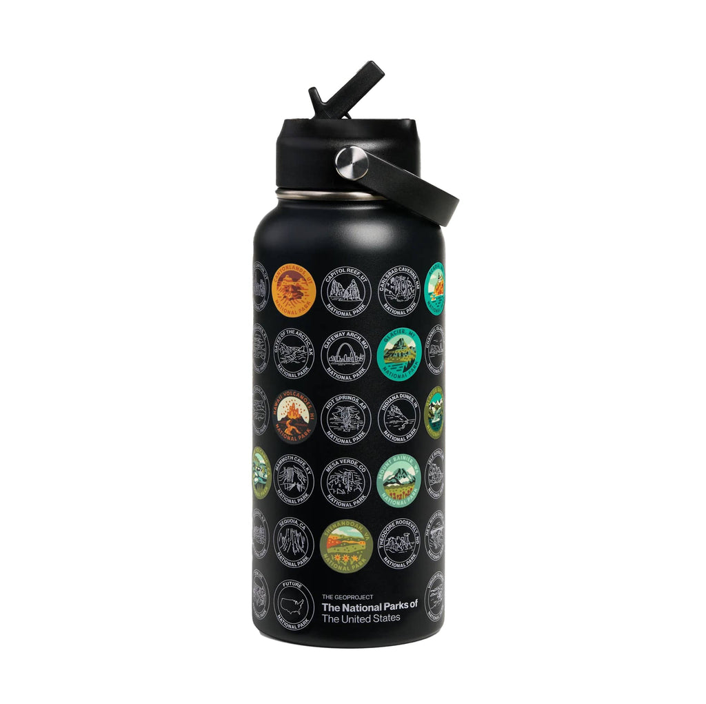 Black water bottle with national park logos on a white background.