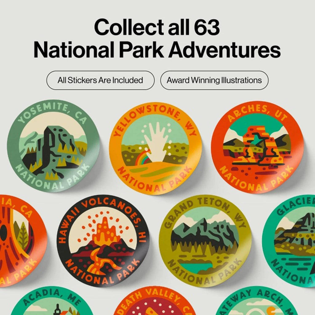 Collection of National Park stickers with illustrations on a light gray background.