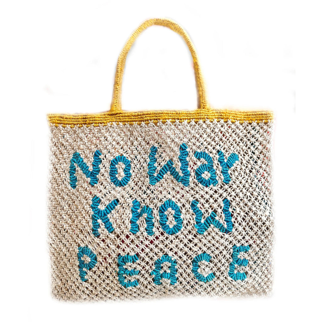 The Jacksons large off-white jute mesh tote bag with "no war, no peace" in ocean blue letters with yellow top edge trim and handle.